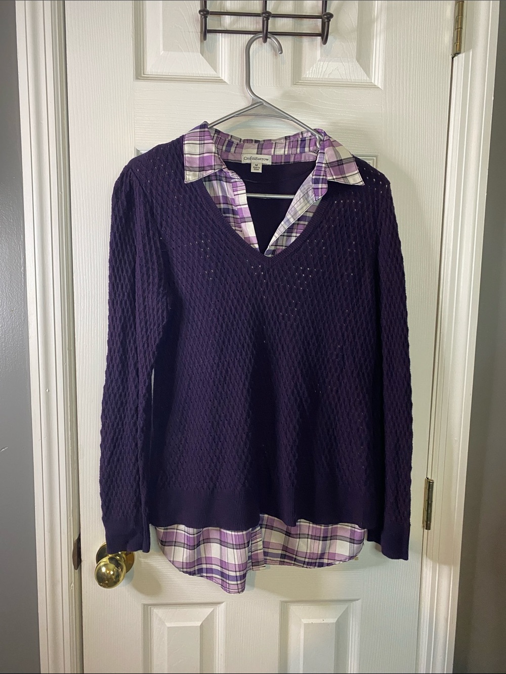 croft & barrow Purple Layered V-Neck Sweater with Plaid Shirt Detail Medium.